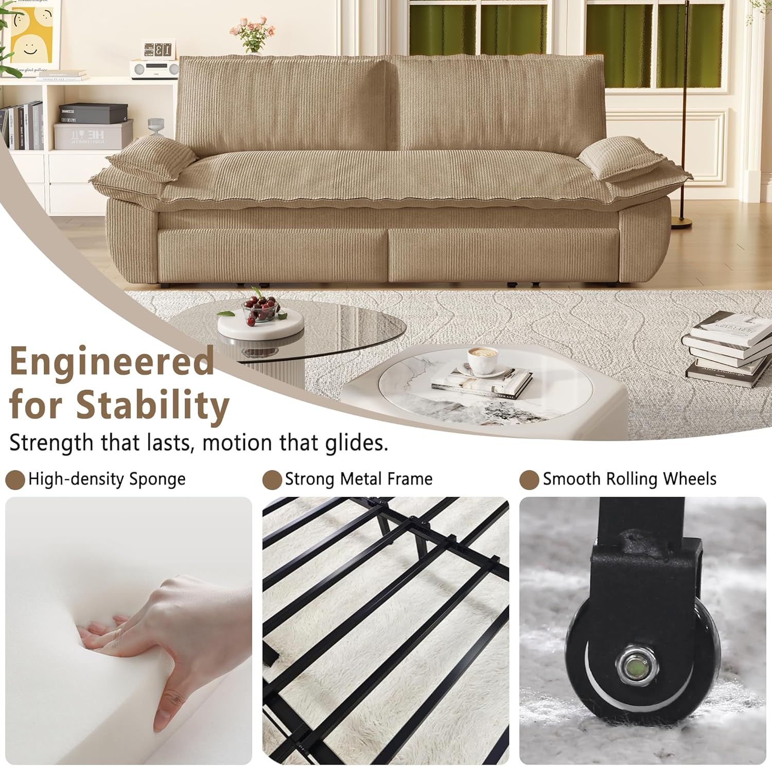 73.2' Sofa Bed Queen Size, Pull Out Couch Bed, 3-in-1 Convertible Sleeper Sofa with Cushion Armrest, Modern Corduroy Futon Couch for Living Room, Small Space, Apartment, Bedroom, Camel