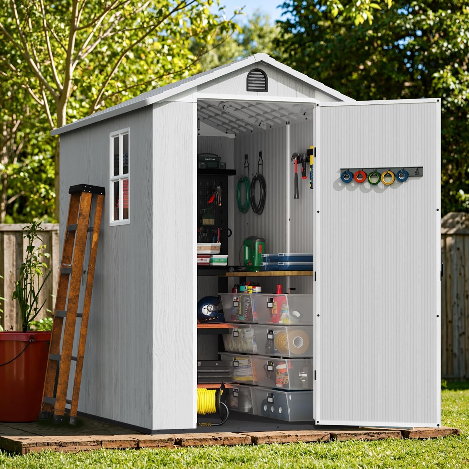 Greesum 4x6FT Plastic Storage Shed with Floor, Resin Outdoor Storaged Sheds with Lockable Door, All Weather Tool Shed with Window and Vent, Easy Assembly for Garden, Backyard, Patio, Light Gray