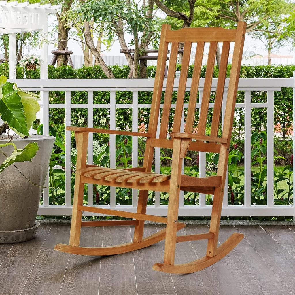 Tangkula Set of 2 Patio Rocking Chair, Indoor Outdoor Wooden Rocker Lounge Chair for Porch Garden Backyard Balcony, Rustic High Back Armchair w/Heavy-Duty 350 LBS Weight Capacity