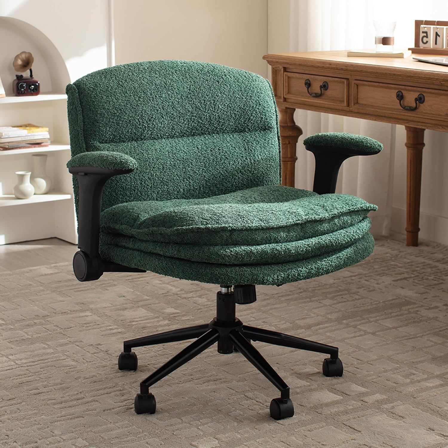 Dowinx Criss Cross Chair with Adjustable Flip-up Arms and Wheels, Comfort Ergonomic Office Desk Armchair with 3 Layer Cushions, Wide Seat Vanity Chair for Home Office, Living Room, Bedroom, Green