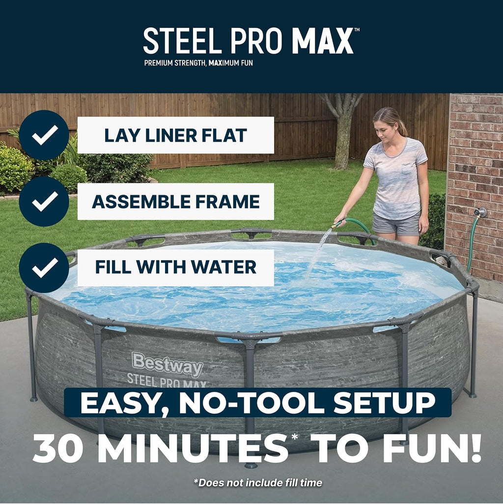 Bestway Steel Pro MAX 10' x 30' Above Ground Pool, Round Metal Frame Outdoor Swimming Pool Set with Filter Pump, Stacked Stone Print