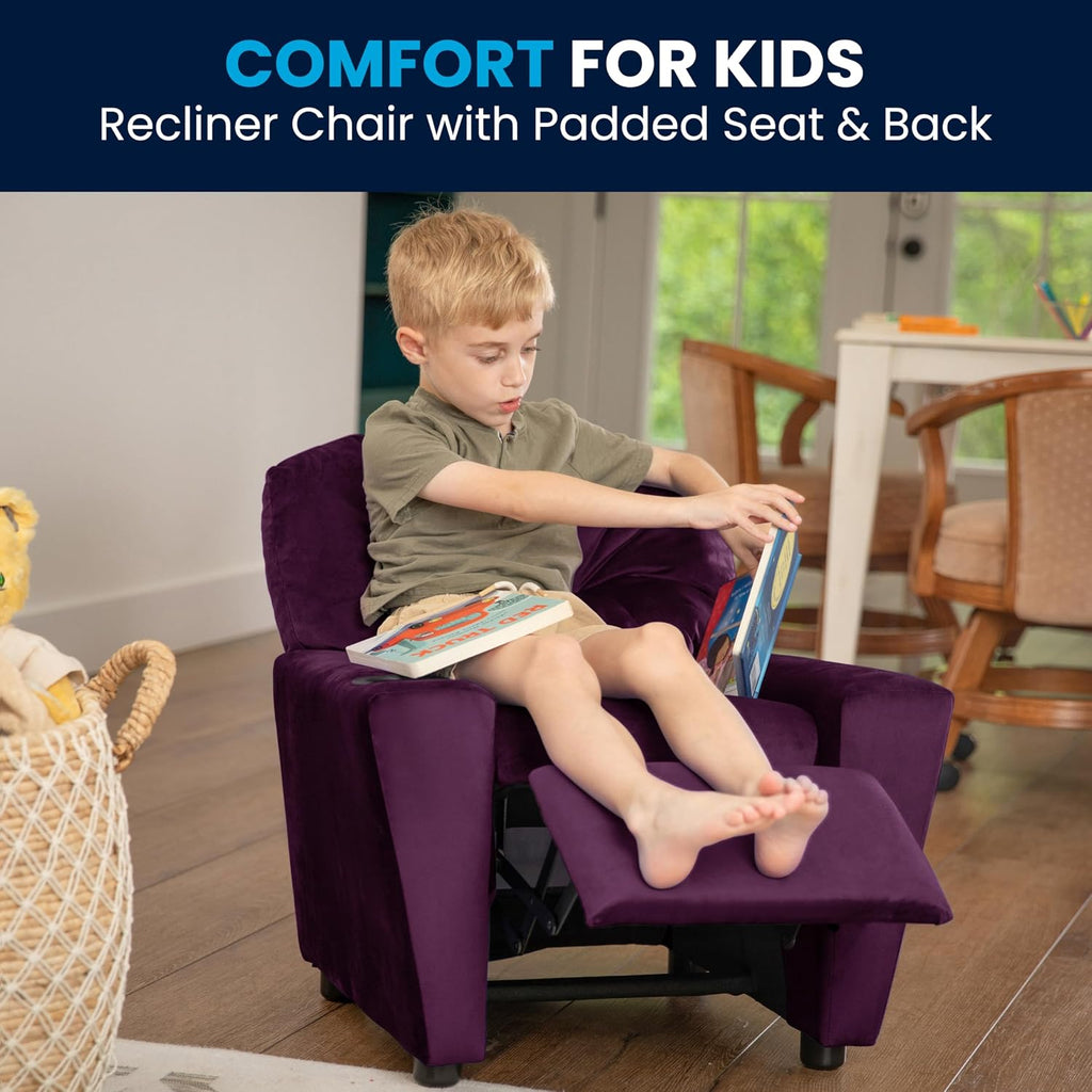 Flash Furniture Chandler Microfiber Kids Recliner with Cup Holder and Safety Recline, Contemporary Reclining Chair for Kids, Supports up to 90 lbs., Purple
