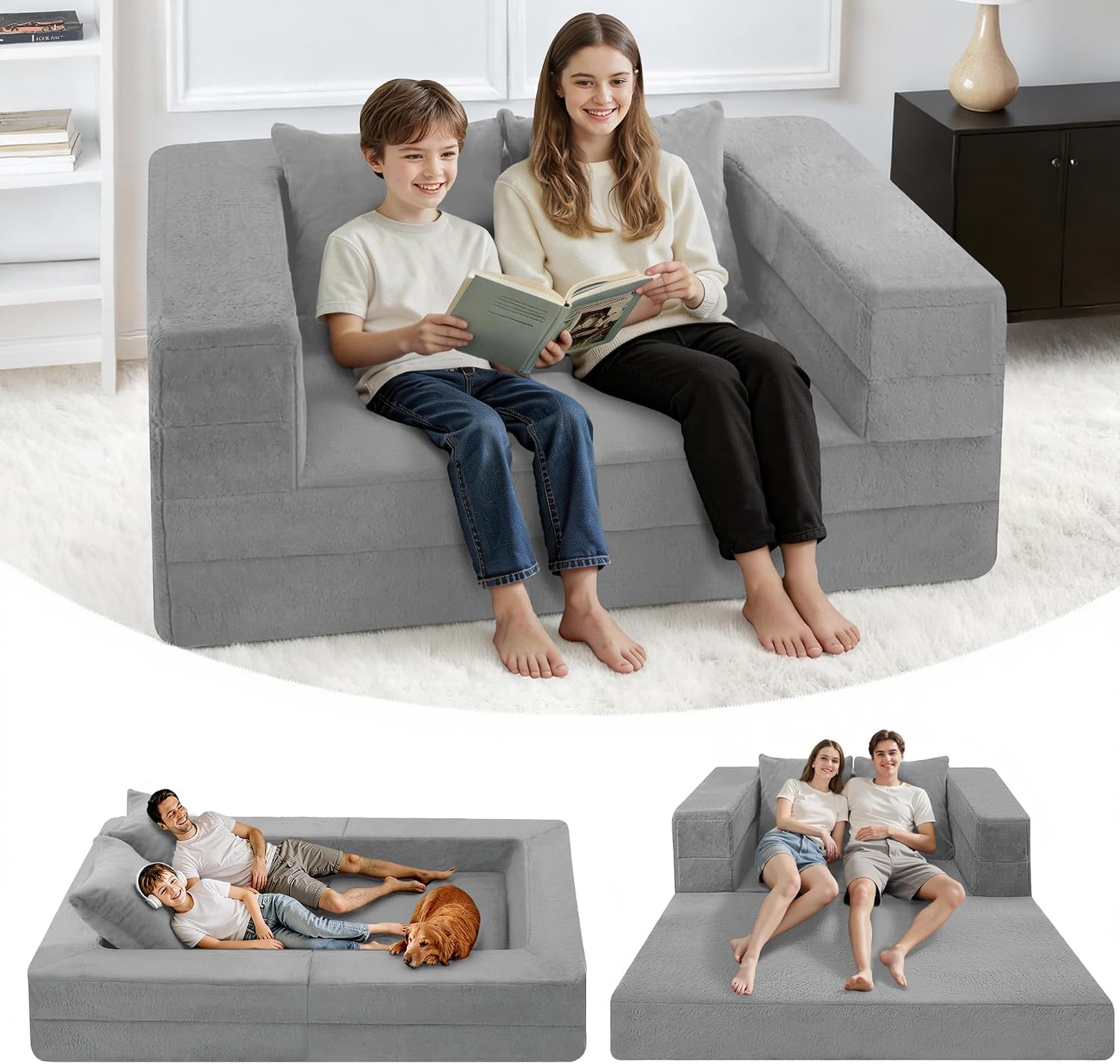 Futon Sofa Bed with Pillow, 3-in-1 Sleeper Sofa Bed with Removable Cover, Convertible Floor Sofa Bed, No Assembly Boneless Couch for Living Room, Bedroom