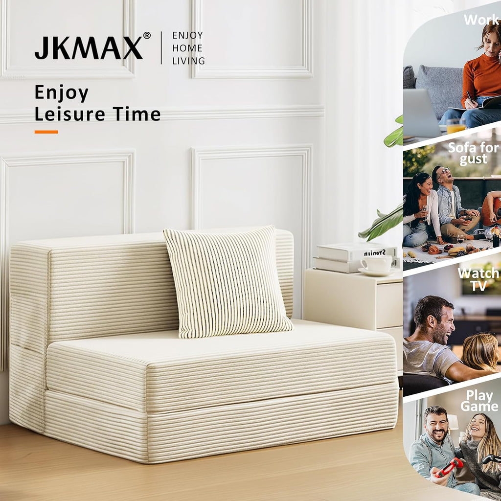 JKMAX Twin Size Folding Sofa Bed - 4 in 1 Convertible Sleeper Chair with Pillow - High Density Memory Foam Futon Couch - Foldable Bed for Living Room Bedroom (Beige)