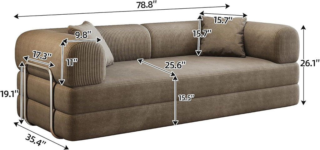 79' Convertible Sofa Bed, Corduroy Folding Pull Out Couch with Pillows, No Assembly Modern Boneless Couch Compression Sofa in Box, Floor Sofa with Support Rods for Living Room,Camel