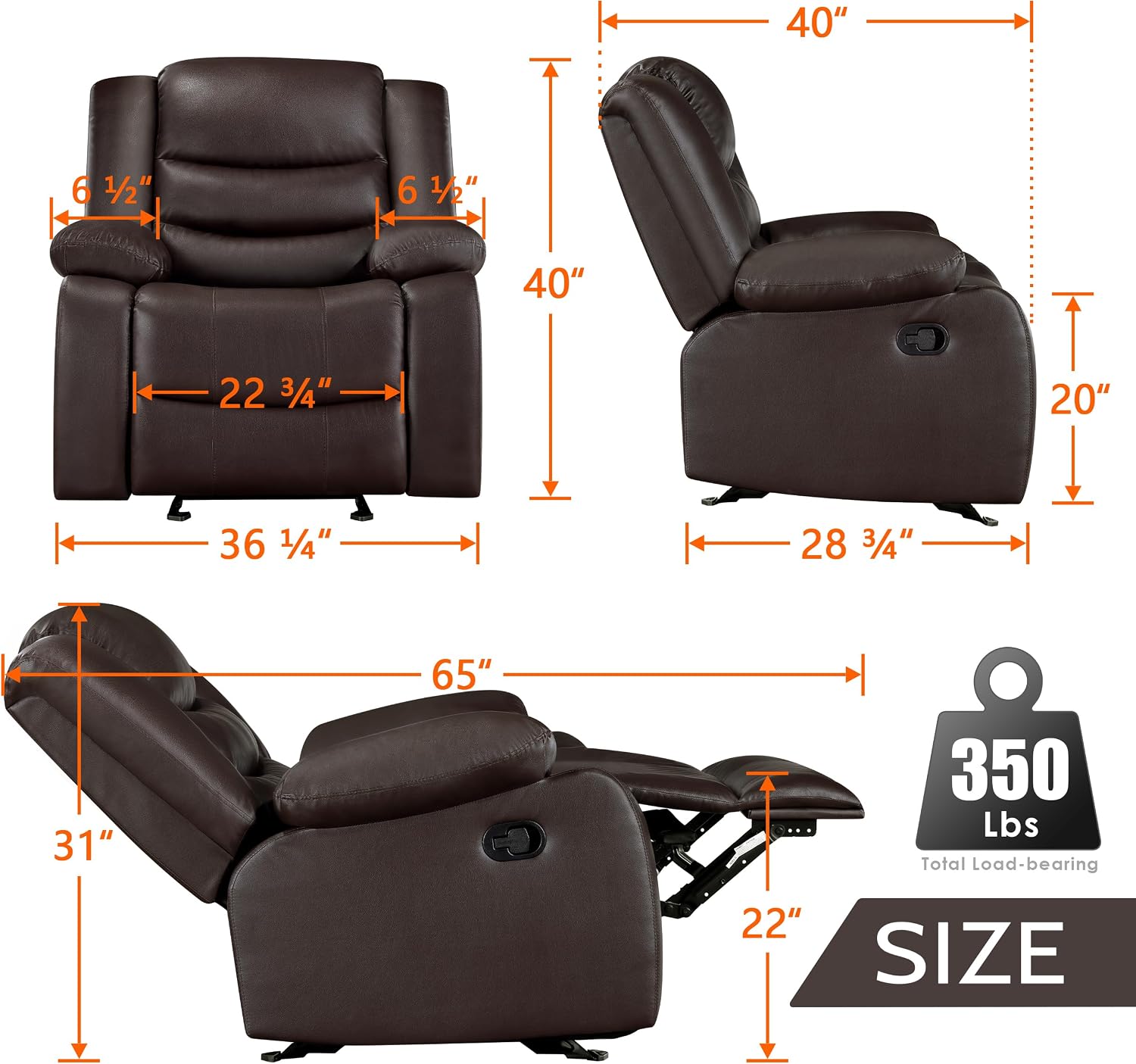 PrimeZone Oversized Rocker Recliner Chair - Comfy Wide Lazy Boy Recliner Chair with Overstuffed Armrest, Faux Leather Manual Reclining Chairs for Living Room, Bedroom, Home Theater, Brown Set of 2