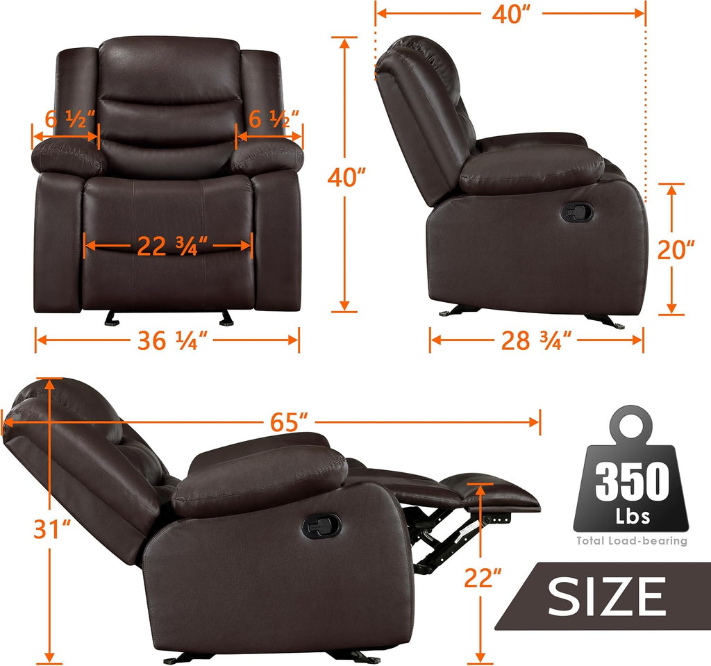 PrimeZone Oversized Rocker Recliner Chair - Comfy Wide Lazy Boy Recliner Chair with Overstuffed Armrest, Faux Leather Manual Reclining Chairs for Living Room, Bedroom, Home Theater Seating, Brown
