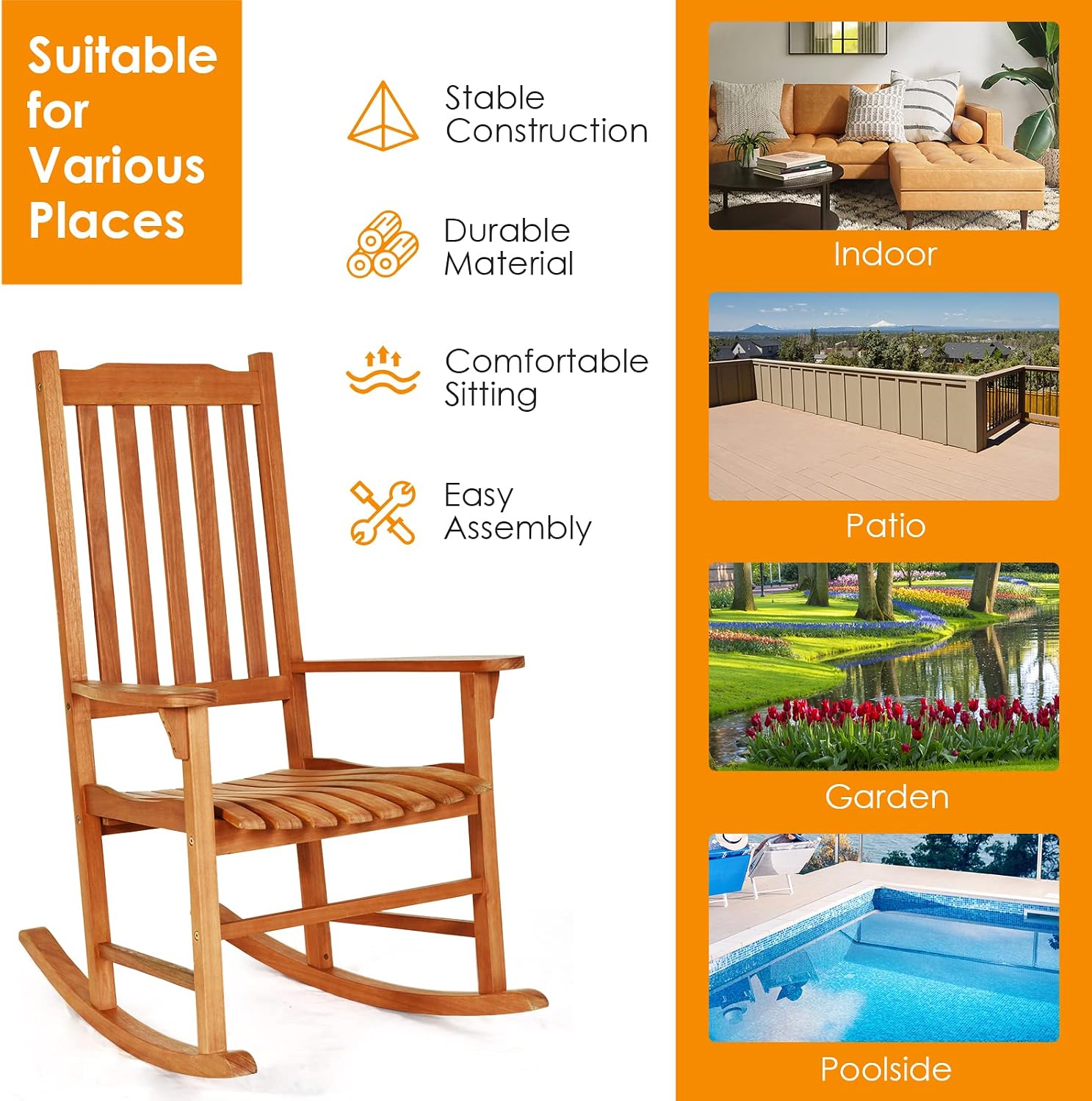 Tangkula Patio Rocking Chair, Indoor Outdoor Wooden Rocker Lounge Chair for Porch Garden Backyard Balcony, Rustic High Back Armchair w/Heavy-Duty 350 LBS Weight Capacity (1)