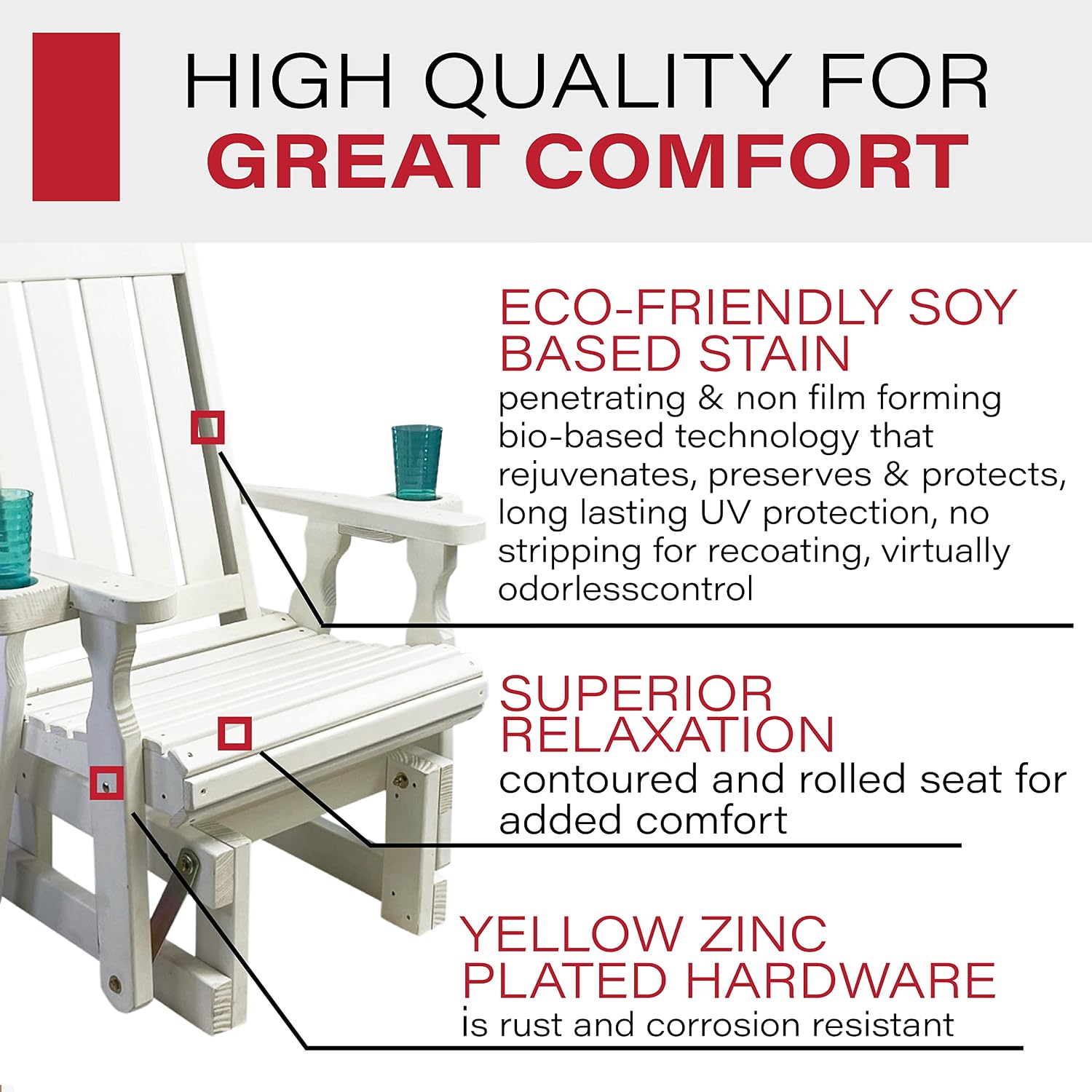 Amish Casual Heavy Duty 600 Lb Mission High Back Treated Glider Chair with Cupholders (Semi-Solid White Stain)