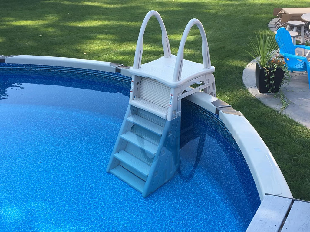 Confer Plastics 7200 Roll Guard 48' to 56' Adjustable A Frame Safety Ladder for Above Ground Outdoor Patio Swimming Pool Platform Ladder with Step Barrier, Warm Grey…