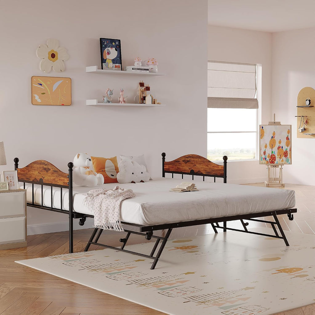 Daybed with Trundle, Metal Twin Size Day Bed with Stylish Headboard, Sofa BedFrame with Pop Up Foldable Trundle Bed, Heavy Duty Steel Slats Platform for Living Room, Bedroom and Guest Room, Brown