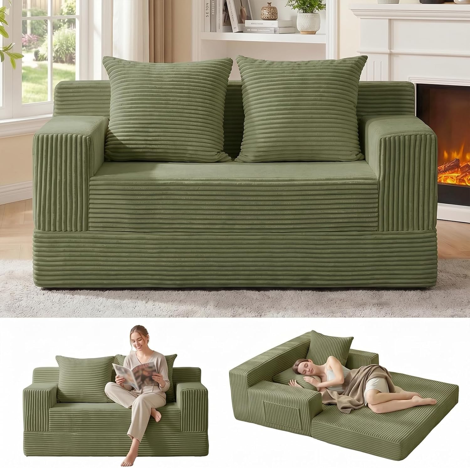Erament Boneless Loveseat Convertible Sofa Bed, Folding Floor Futon Sleeper Sofa Couch Bed- Boneless Foldable Couch, Corduroy Pull Out Sofa Bed with 2 Pillows for Living Room & Bedroom