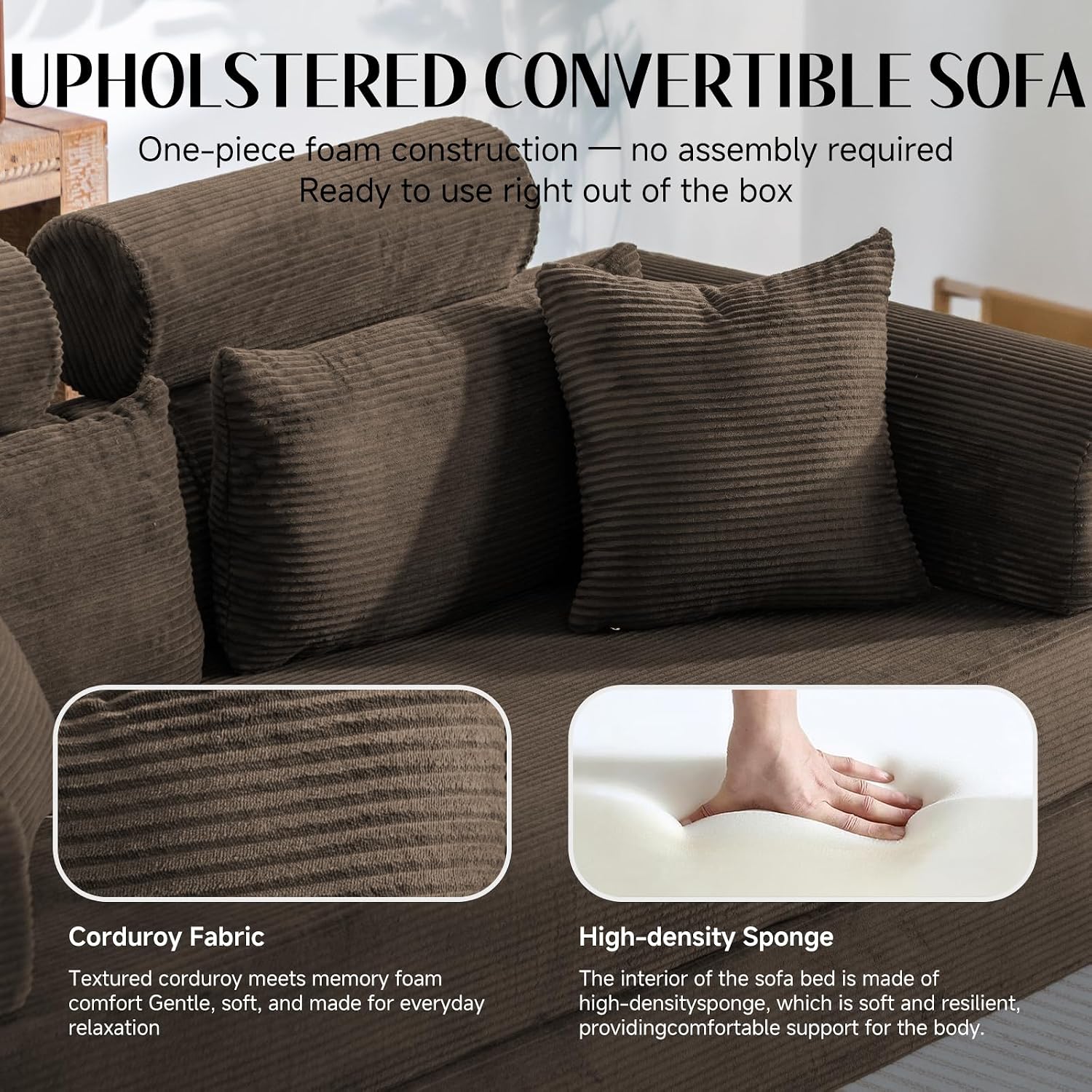 79' Convertible Boneless Couch for Small Spaces, 6-in-1 Corduroy Sofa Bed with High Backrest, Pillows, High-Density Foam Loveseat Sleeper Couch in a Box for Living Room, No Assembly, Brown