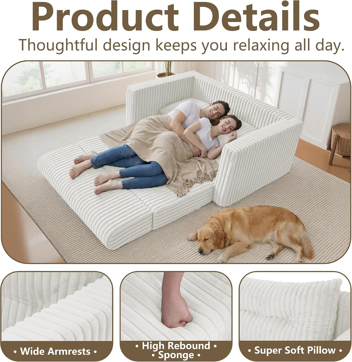 HABUTWAY Folding Sofa Bed, 2 in 1 Convertible Sleeper Chair with Pillow, Portable Fold Out Chair Bed with Armrest, Comfy Floor Couch, Lazy Sofa for Living Room Bedroom Dorm Home Office, Beige