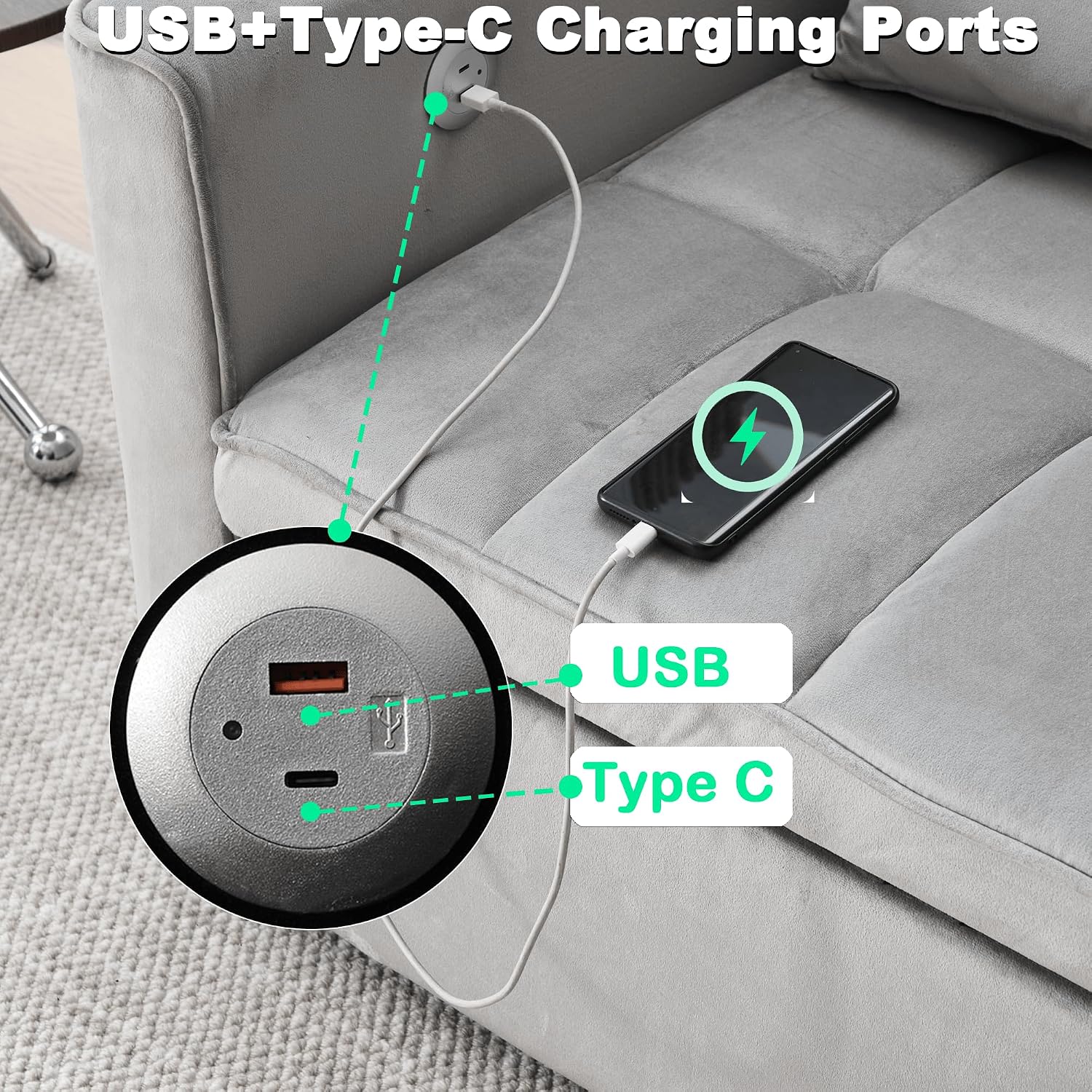 Velvet 3-in-1 Convertible Sofa Bed - USB Charging Port, Adjustable Backrest Loveseat Sleeper for Small Space Apartment, Versatile Futon Pull Out Couch for Living Room,Gray