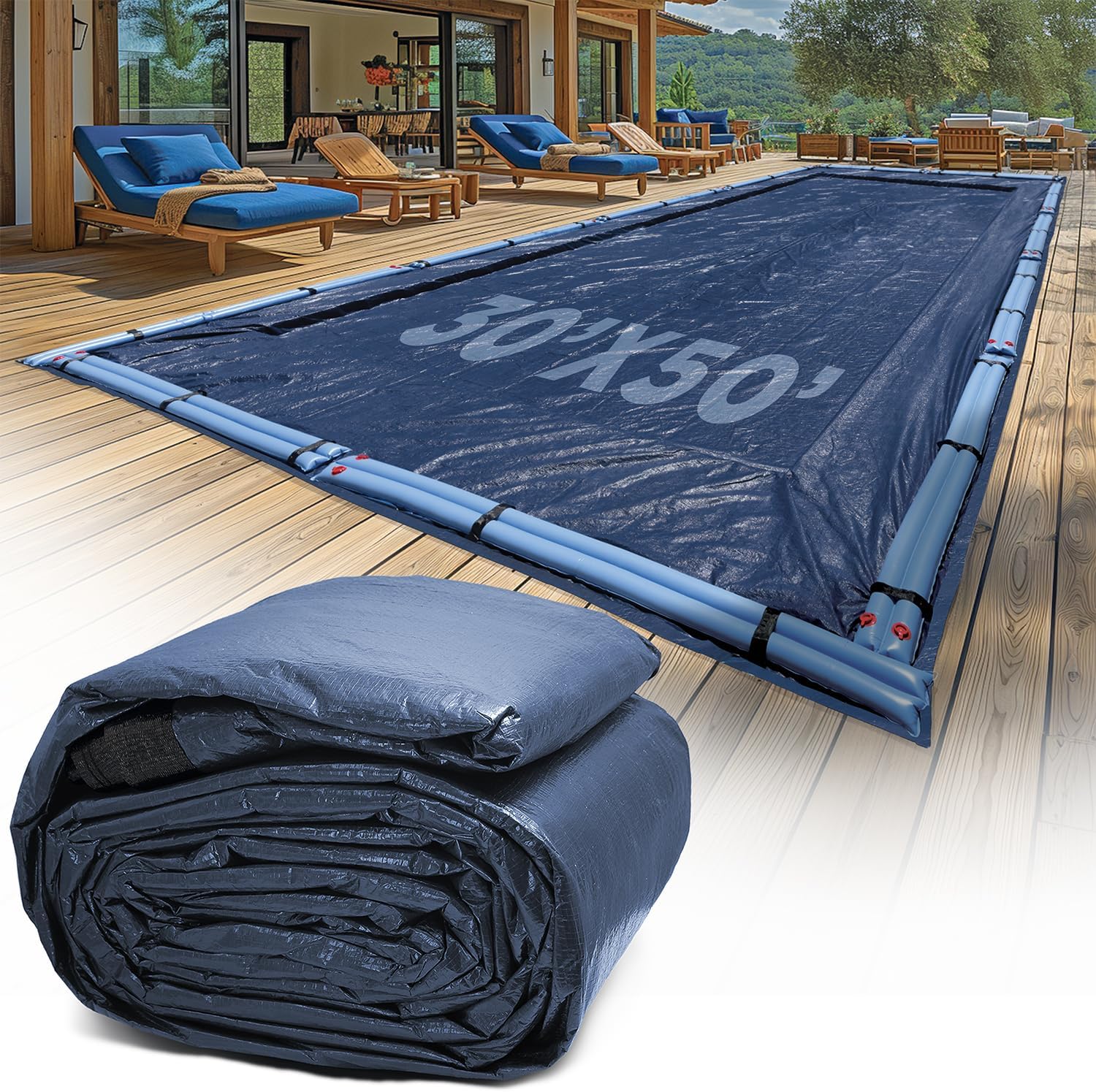 30-Ft x 50-Ft Pool Cover for Inground Pools - Rectangle Winter Pool Cover for Inground Pools, Extra Thick Material and Durable Design, Cold and UV-Resistance, Easy Installation, Navy Blue