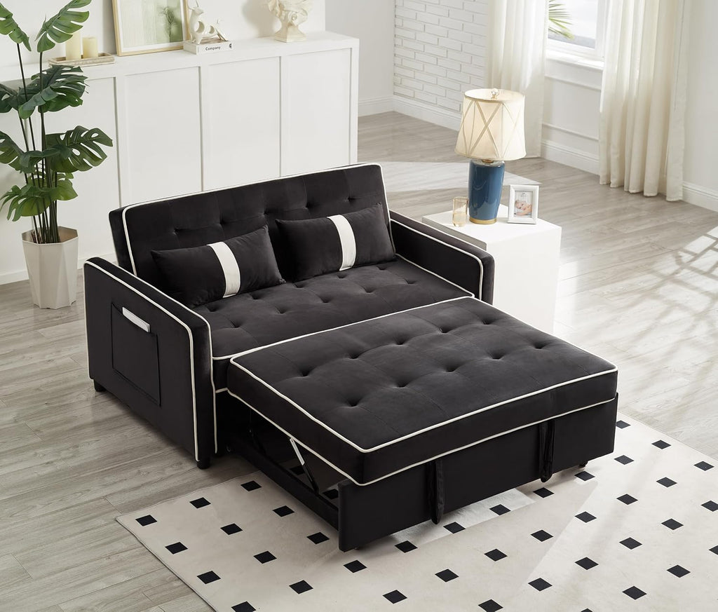 3 in 1 Convertible Sleeper Sofa Bed, Small Couch for Living Room Bedroom with Pullout Bed Adjustable Backrest,Velvet,Loveseat Sofa Bed,Futon Couches (Black)