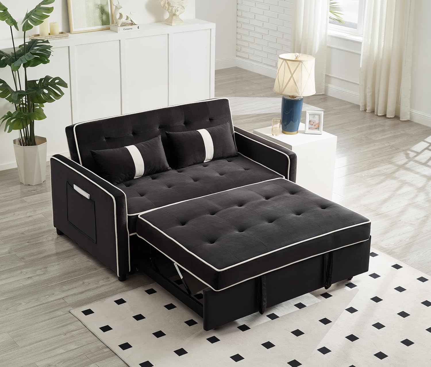 3 in 1 Convertible Sleeper Sofa Bed, Small Couch for Living Room Bedroom with Pullout Bed Adjustable Backrest,Velvet,Loveseat Sofa Bed,Futon Couches (Black)