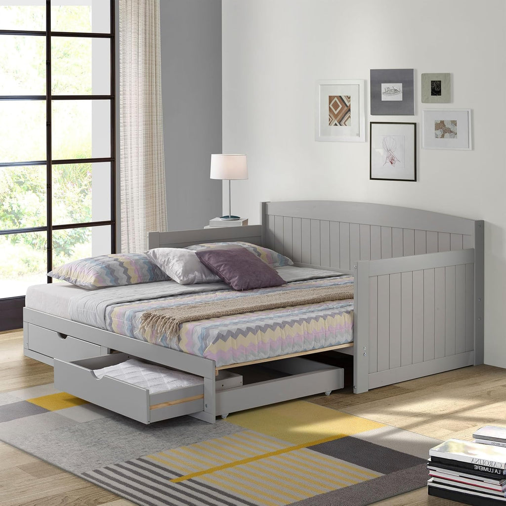Alaterre Furniture Harmony Twin to King Daybed with Pop Up Trundle Bed - Solid Wood Twin Day Bed with 2 Pull-Out Storage Drawers and 400lb Capacity - For Kids, Guest Room, Living Room (Dove Gray)