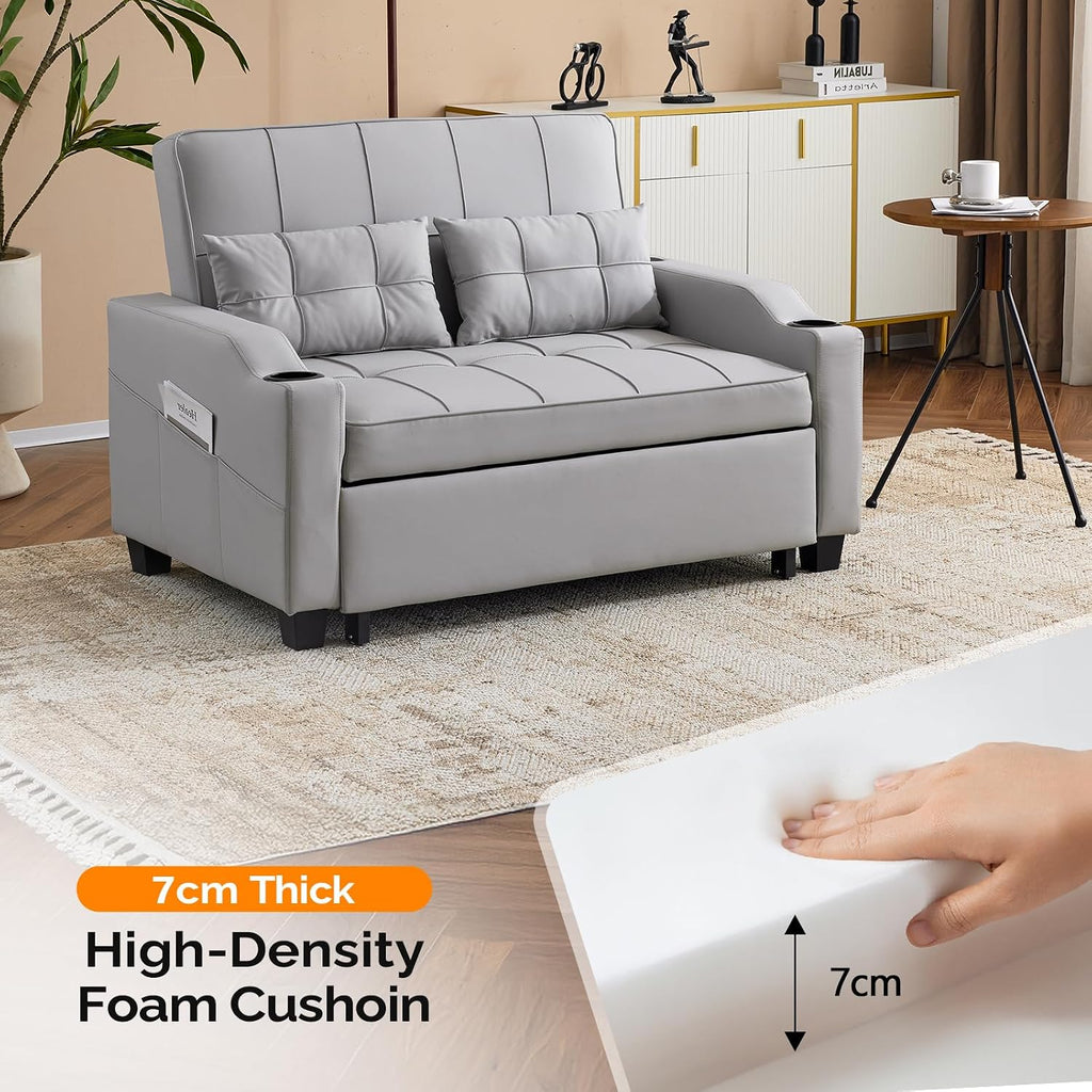 VINGLI Convertible Loveseat Sleeper Sofa, Light Grey Faux Leather Futon Sofa Bed Pullout Couch Bed with USB Ports, Cup Holders, Armrest for Living Room, Bedroom, Home Office Apartment