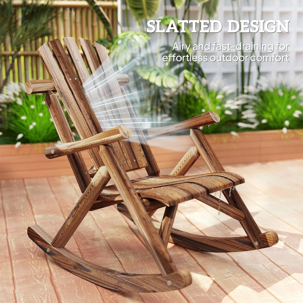 Outsunny Outdoor Wooden Rocking Chair, Single-Person Adirondack Rocking Patio Chair with Rustic High Back, Slatted Seat and Backrest for Indoor, Backyard, Garden, Carbonized