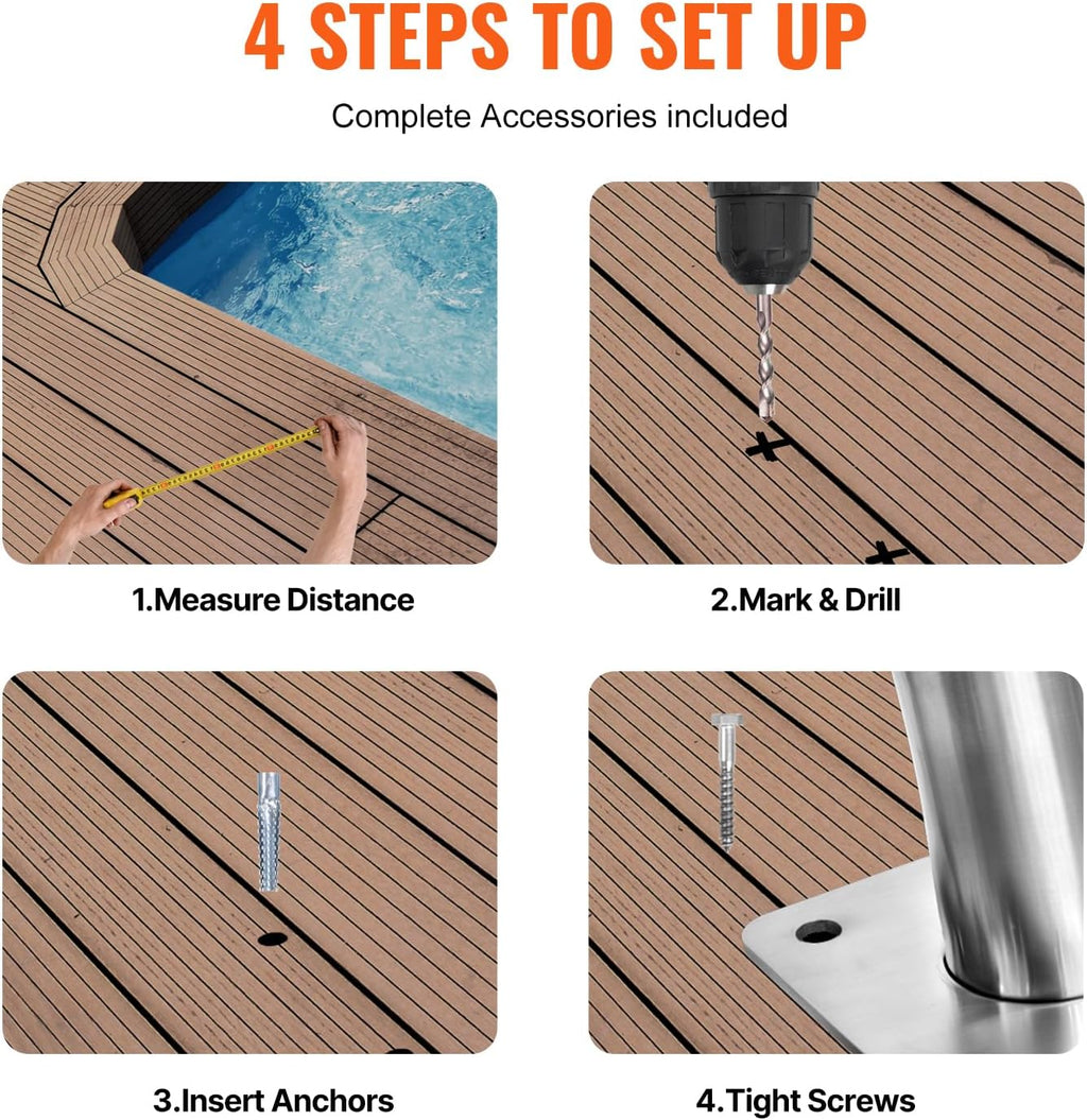 VEVOR Pool Rail 54x36 Pool Railing 304 Stainless Steel 250LBS Load Capacity Silver Rustproof Pool Handrail Humanized Swimming Pool Handrail with Blue Grip Cover & M8 Drill Bit & Self-Taping Screws