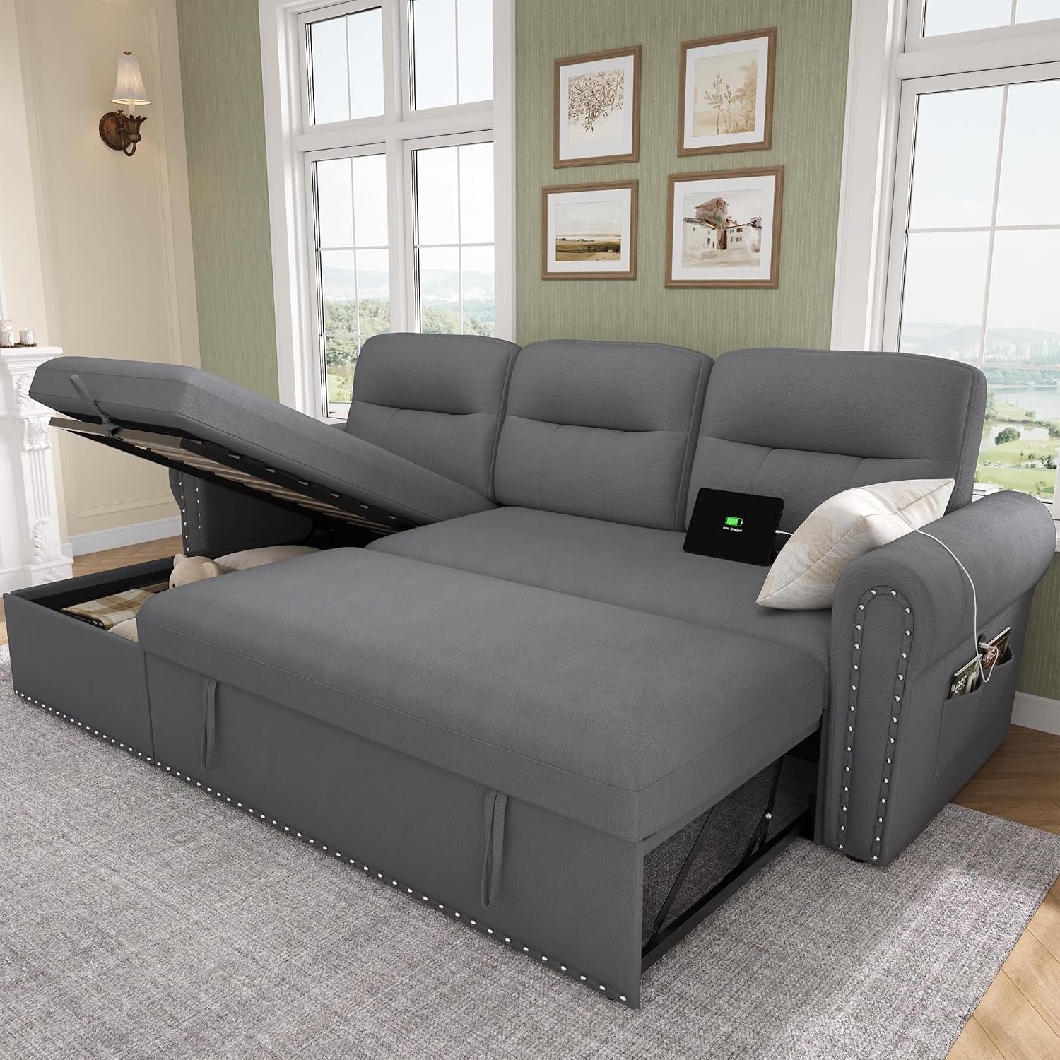 Sleeper Sofa Bed, 83'' Sectional Couch with Reversible Storage Chaise & Nailhead Armrest, Pull Out Couches for Living Room, Side Pocket & Charging Station, Removable Backrest, Velvet Fabric, Dark Grey
