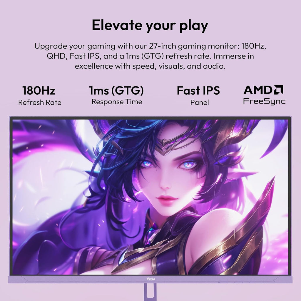 Pixio PX278 Wave Purple 27 inch 180Hz Refresh Rate FHD 1440p Resolution Fast IPS Panel 1ms GTG Response Time Gaming Monitor and PS1S Wave Purple Single Monitor Arm