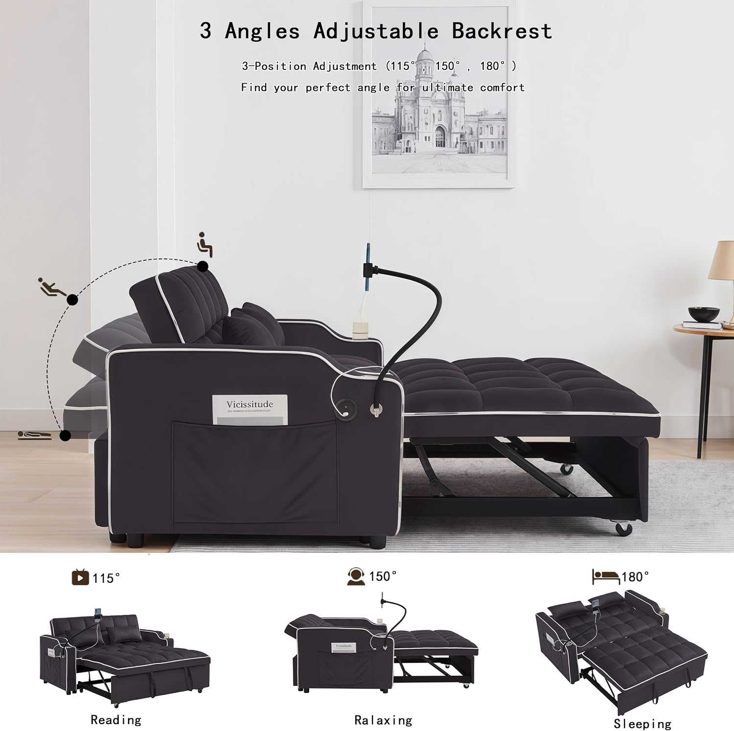 Convertible Sofa Bed, 3 in 1 Futon Sofa Bed with USB Charging Ports, Cup Holder, Phone Stand & Pocket, Modern Upholstered Sleeper Sofa for Living Room, Apartment or Small Space (Grey-L)