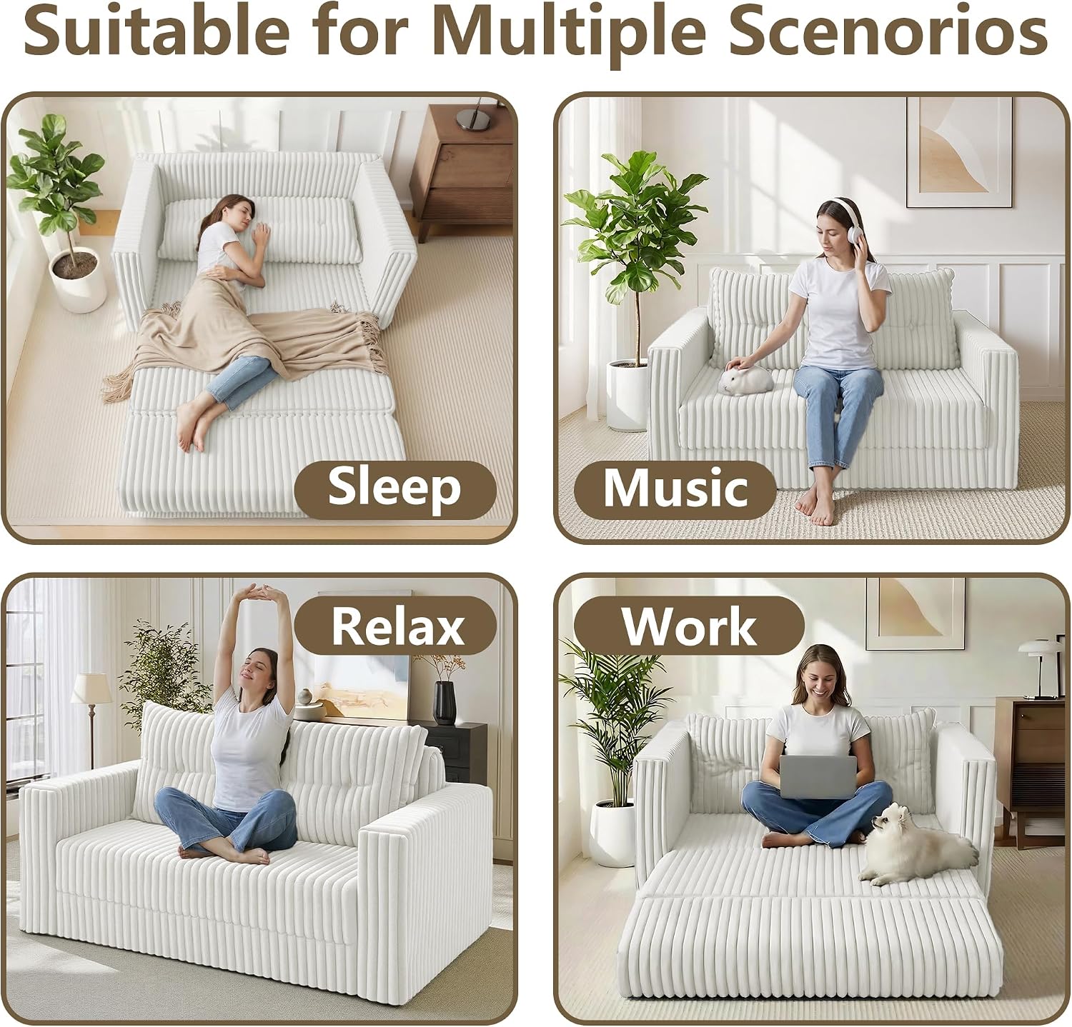 HABUTWAY Folding Sofa Bed, 2 in 1 Convertible Sleeper Chair with Pillow, Portable Fold Out Chair Bed with Armrest, Comfy Floor Couch, Lazy Sofa for Living Room Bedroom Dorm Home Office, Beige