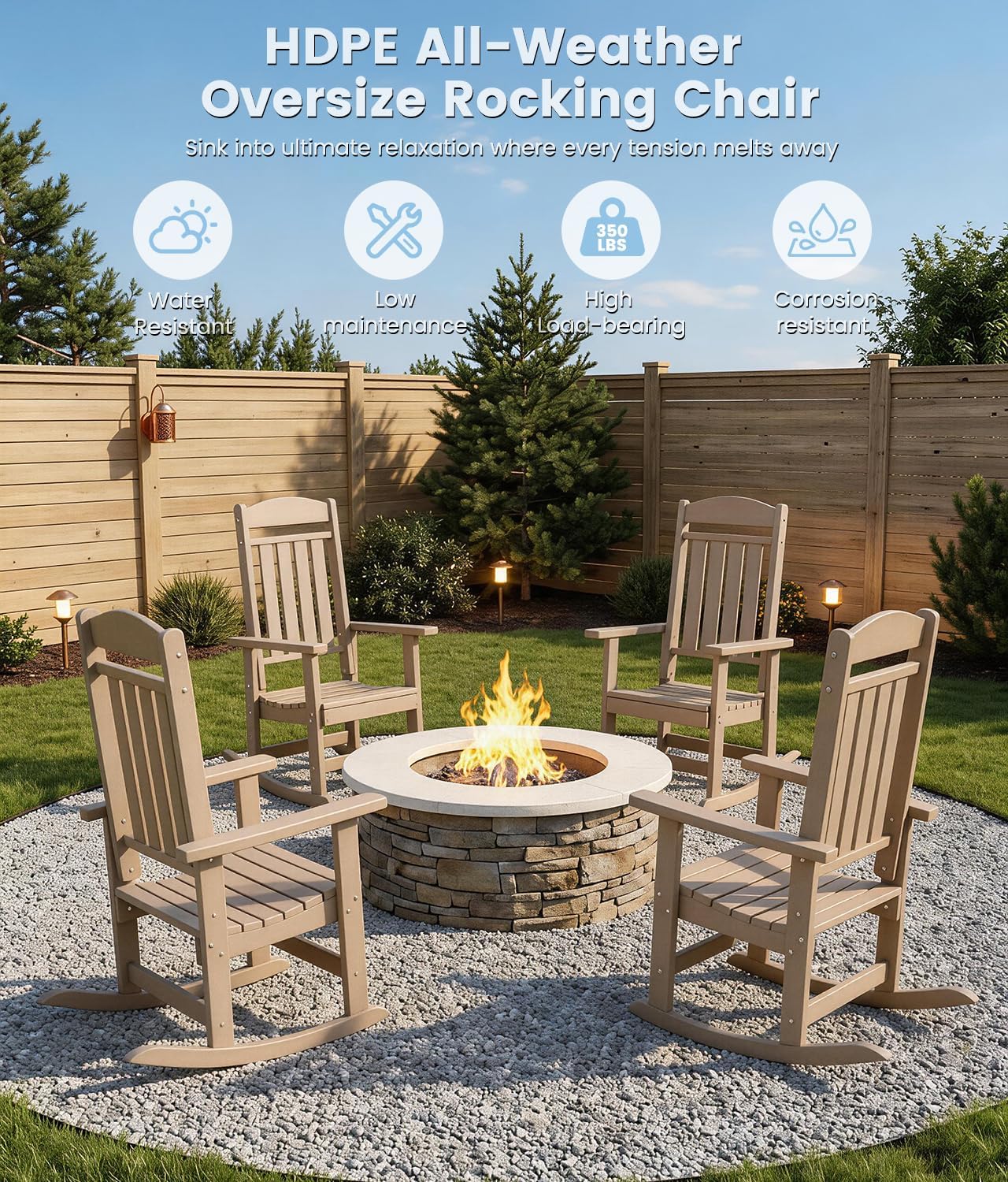 FOOWIN Outdoor Rocking Chair Set of 4, High Back Patio Rocking Chair, HDPE All Weather Resistant Porch Rocker for Adult, Oversized Rocking Chairs for Garden, Lawn, Indoor & Outdoor Use, Brown