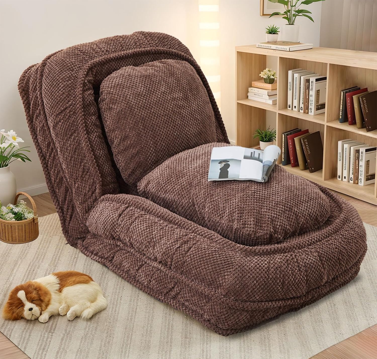 Upholstered Human Dog Bed for Adult & Pets, Convertible Lazy Sofa Bed with 5 Adjustable Position, Comfy Tatami Bean Bag Lounge Chair with 2 Soft Pillows for Bedroom Living Room Office (Brown)