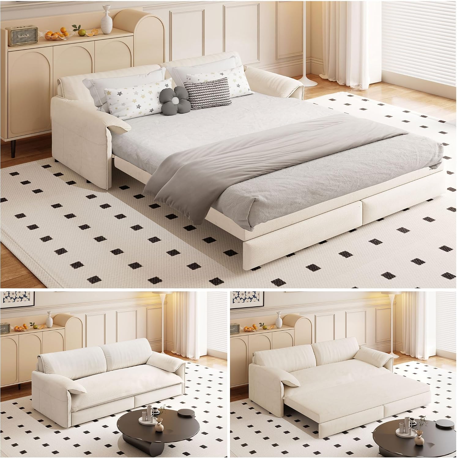 66' Queen Size Pull Out Sofa Bed, 3-in-1 Convertible Sleeper with Side Storage and Wheels, Velvet Loveseat for Living Room, Apartment, Bedroom, Beige (Mattress & Bedding Not Included)
