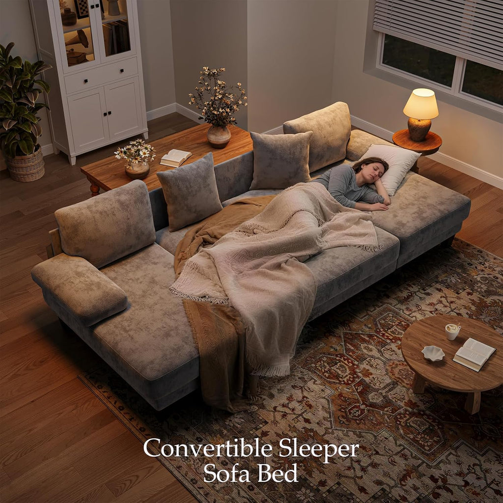 Txtin's Sleeper Sofa with Pull Out Couch Bed | 112 Inch Couches for Living Room | U-Shaped Convertible Sofa Bed | Chenille Light Grey