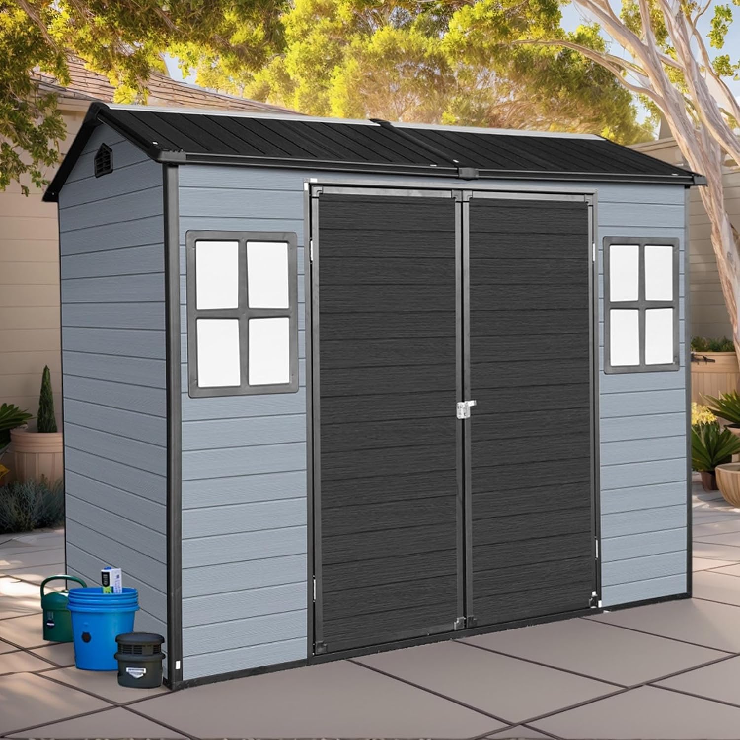 8x4FT Resin Outdoor Storage Shed with 2 Windows, Outdoor Storage Shed with Floor Lockable Door for Garden Tools, Bicycles, Trash Cans, Gray+Black (8x4 FT Steel)