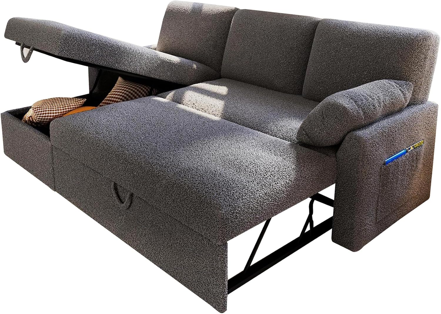 PaPaJet Sofa Bed, Sleeper Sofa with Storage Chaise, L Shaped Sofa with Pull Out Bed, Oversized Sofas for Living Room-Dark Gray Boucle