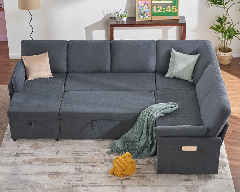 PaPaJet Sofa Bed, 112 Inch Sleeper Sofa, Oversized U Shaped Couch with Storage Chaise, Pull Out Couch for Living Room, Chenille Gray