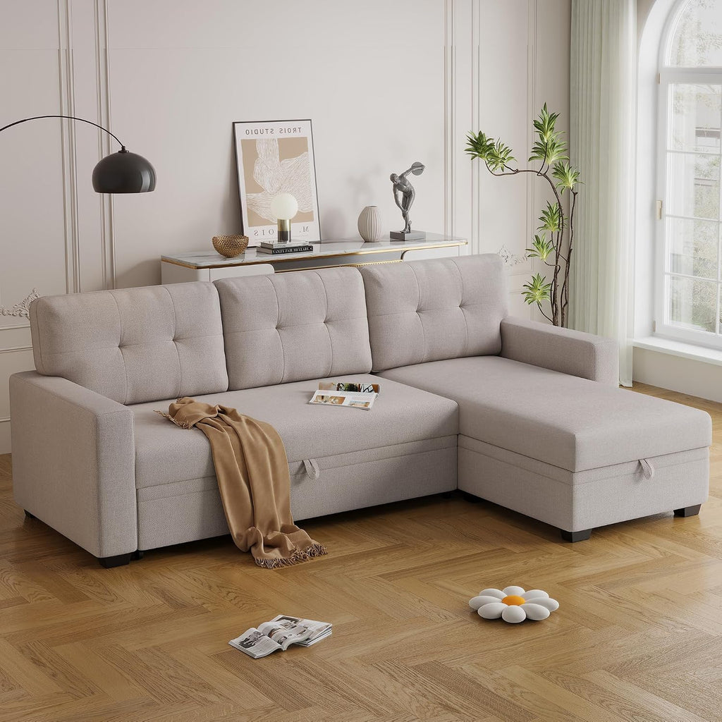 Ball & Cast Convertible Sectional Sleeper Sofa Bed L Shaped,4 in 1 Pull Out Couch with Reversible Storage Chaise & Removable Back Cushions,Sleeper Corner Pull Out Sofa Bed Couch for Living Room,Office