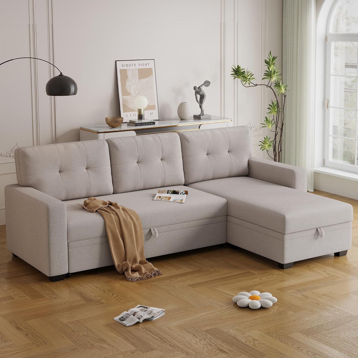 Ball & Cast Convertible Sectional Sleeper Sofa Bed L Shaped,4 in 1 Pull Out Couch with Reversible Storage Chaise & Removable Back Cushions,Sleeper Corner Pull Out Sofa Bed Couch for Living Room,Office