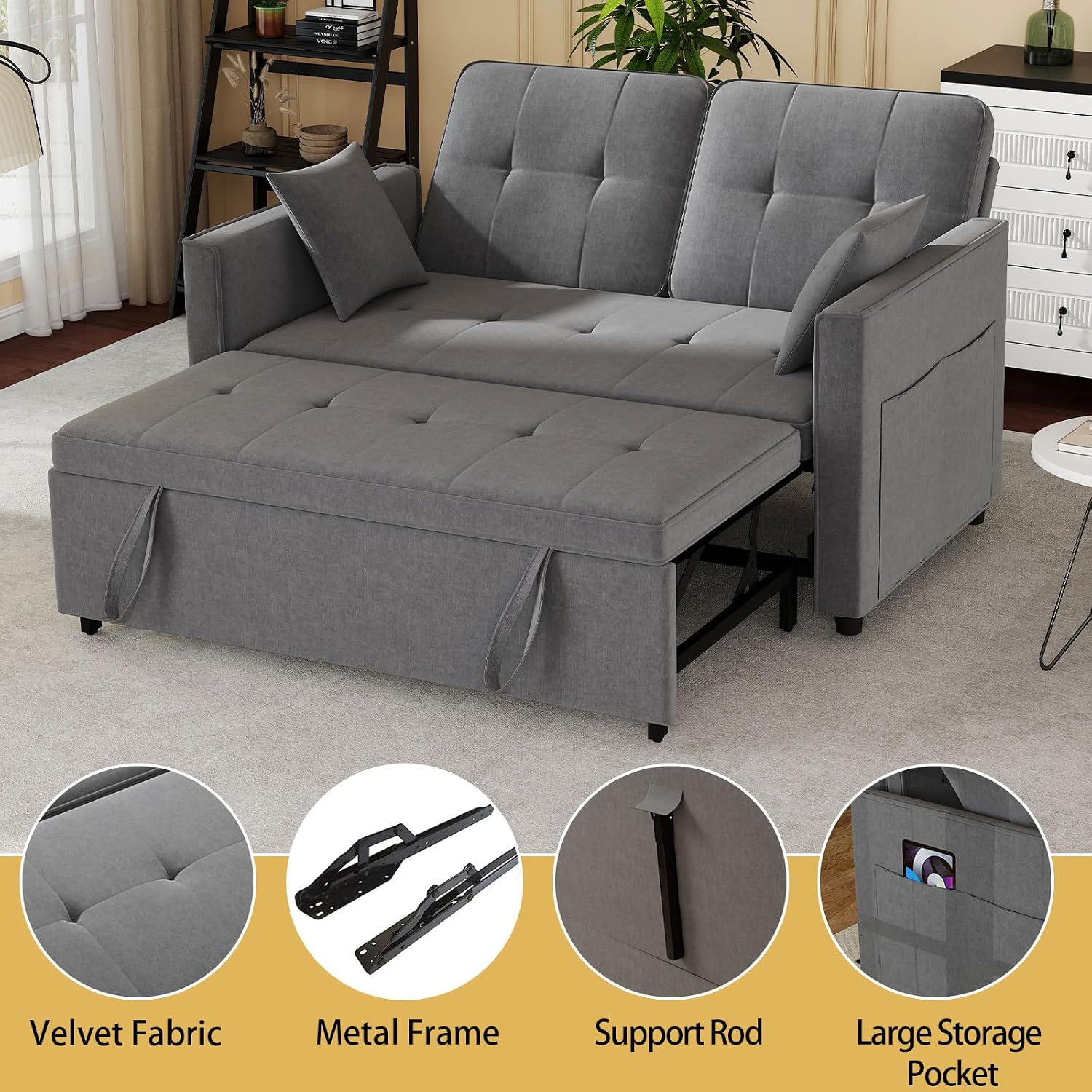 Grey Convertible Sofa Bed: 3 in 1 Sleeper Sofa Couch Bed, Pull Out Couch with Adjustable Backrest, Velvet Convertible Loveseat Sleeper, for Living Room (Grey)