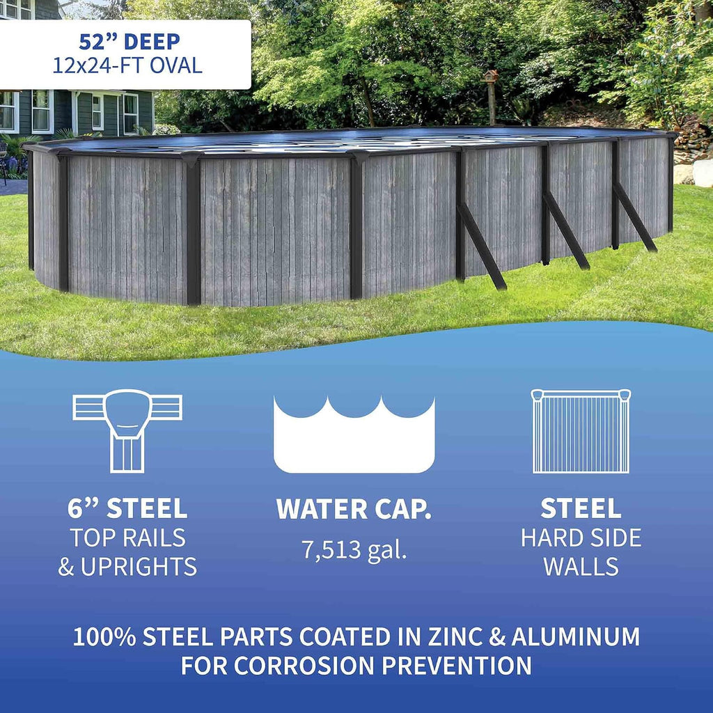 San Pedro 12x24-ft Oval 52-in Deep 6-in Top Rail Above Ground Steel Wall Swimming Pool Package