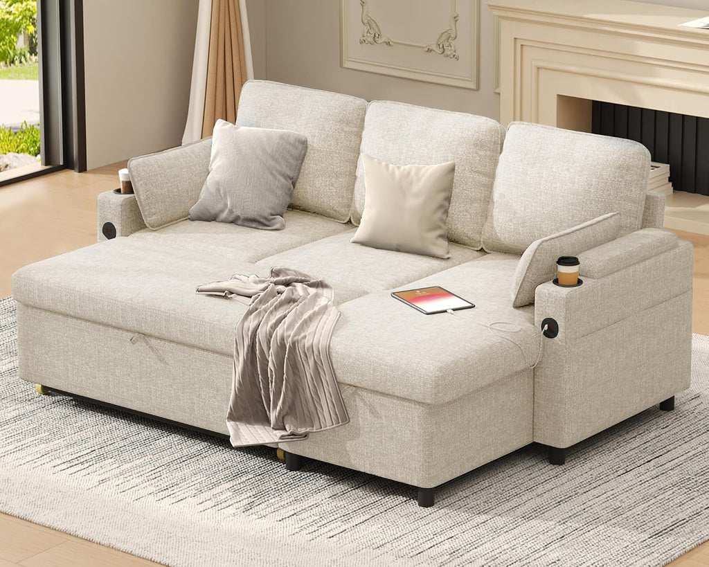 DURASPACE Sleeper Sofa Bed Pull Out Couch 2 in 1 Convertible Sofa Sleeper with Storage, L Shaped Sectional Couch Bed for Small Spaces Living Room Bedroom Apartment (Beige)