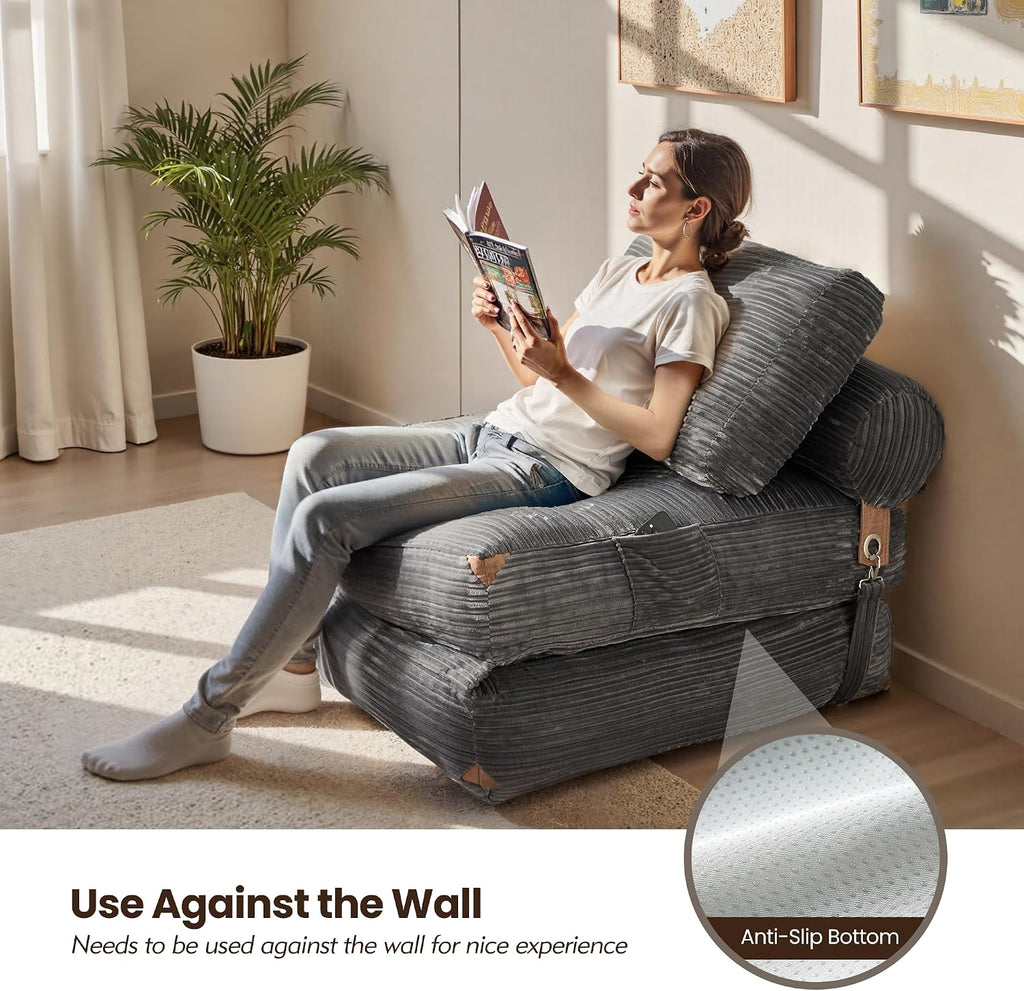 ovios Folding Sofa Bed, Foldable Sleeper Chair Floor Futon, Comfy Portable Convertible Fold Out Lounge Chairs for Living Room Bedroom, Grey