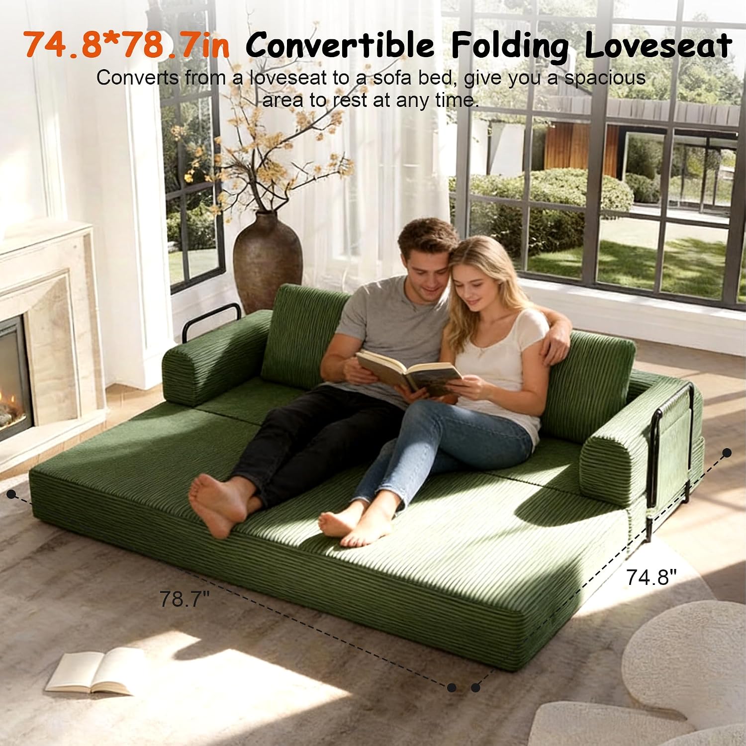 78' Convertible Sofa Bed, 5-in-1 Boneless Sleeper Sofa with with Fixed Frame & Pocket, Corduroy Pull Out Couch with 2 Pillows, Couch Bed for Living Room, Small Spaces, Bedroom, No Assembly