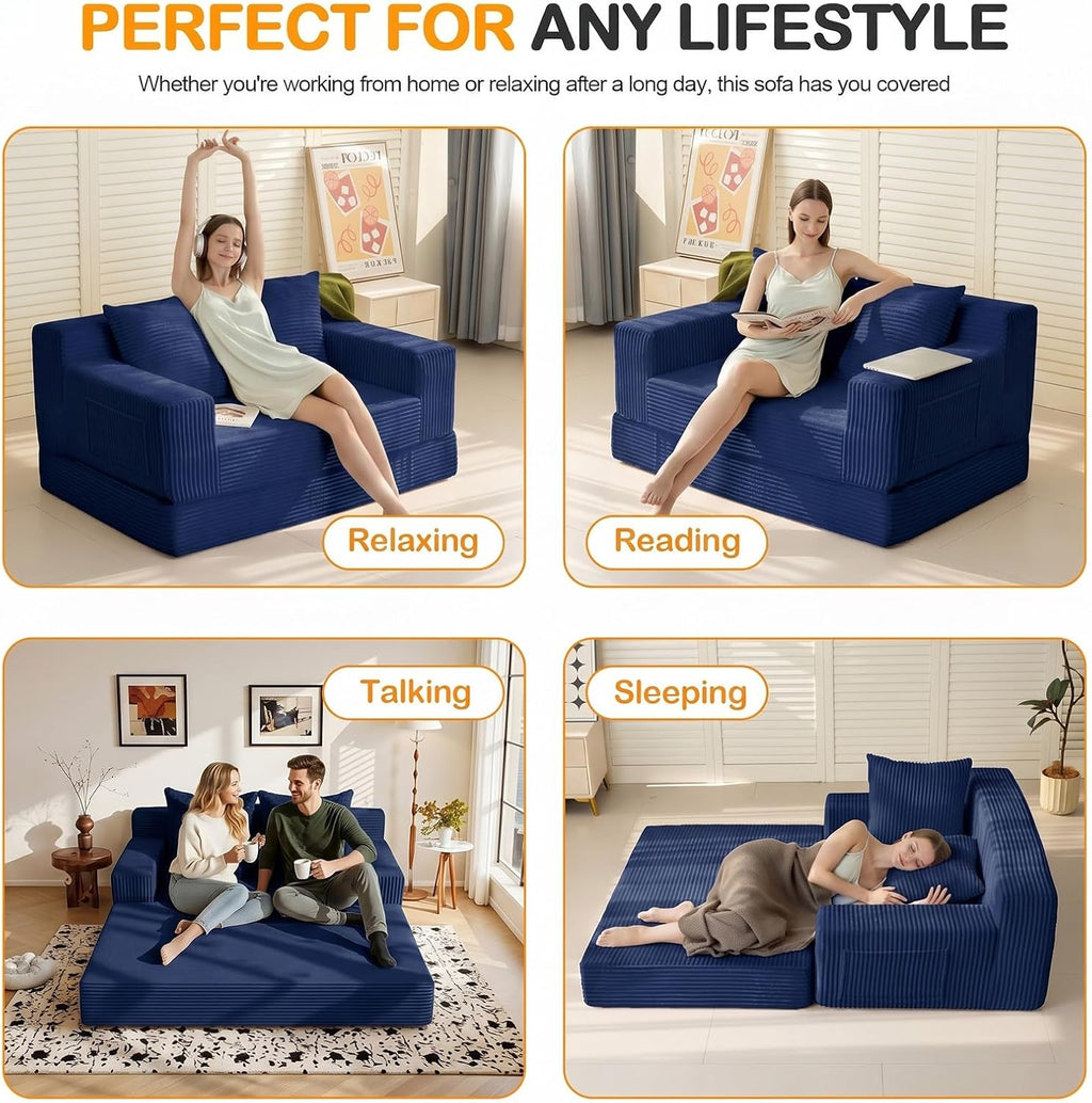Erament Boneless Loveseat Convertible Sofa Bed, Folding Floor Futon Sleeper Sofa Couch Bed- Boneless Foldable Couch, Corduroy Pull Out Sofa Bed with 2 Pillows for Living Room & Bedroom