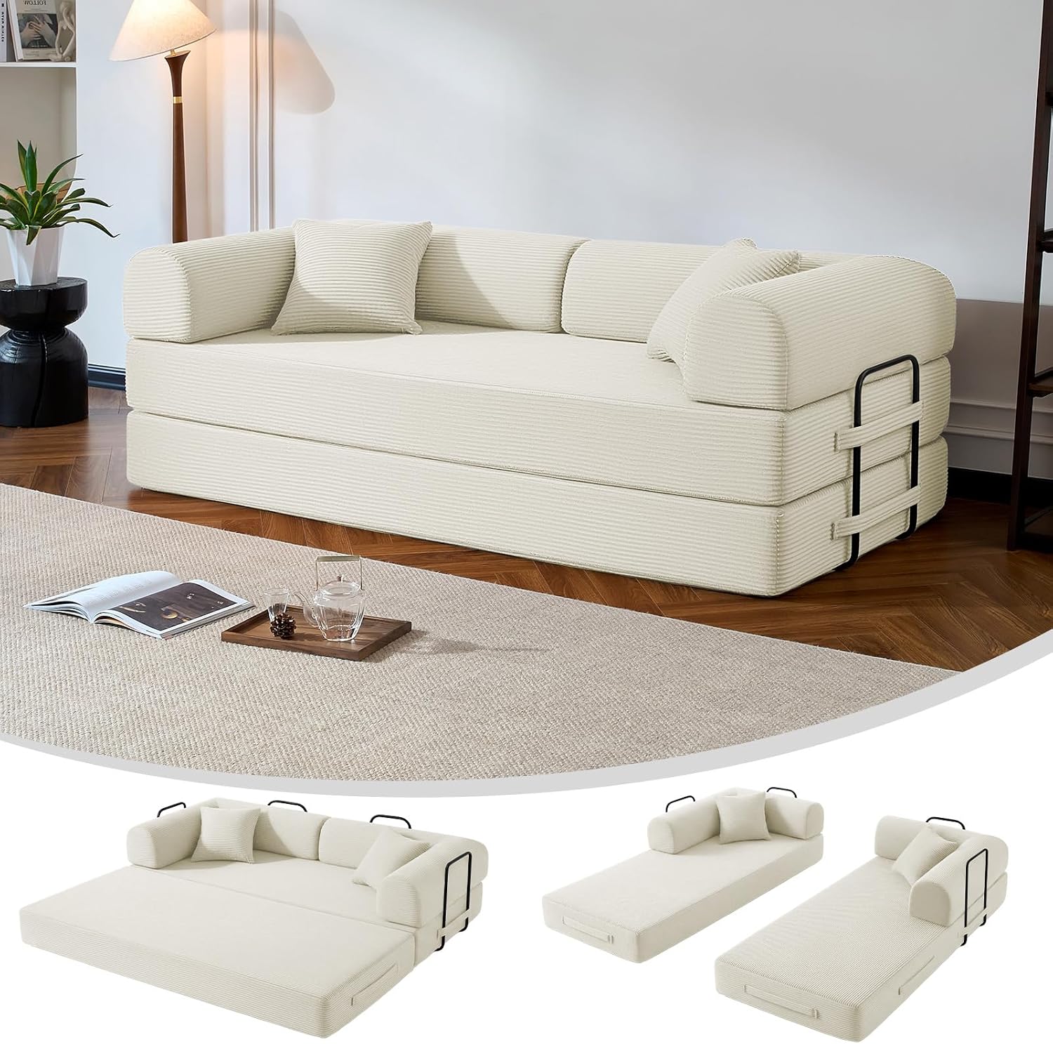 79' Compressed Sofa, Convertible Sofa Bed, Corduroy Compression Boneless Couch with Pillow, Comfy Modular Foldable Floor Sleeper Sofa for Bedroom, Living Room, Lounge, Studio (White)