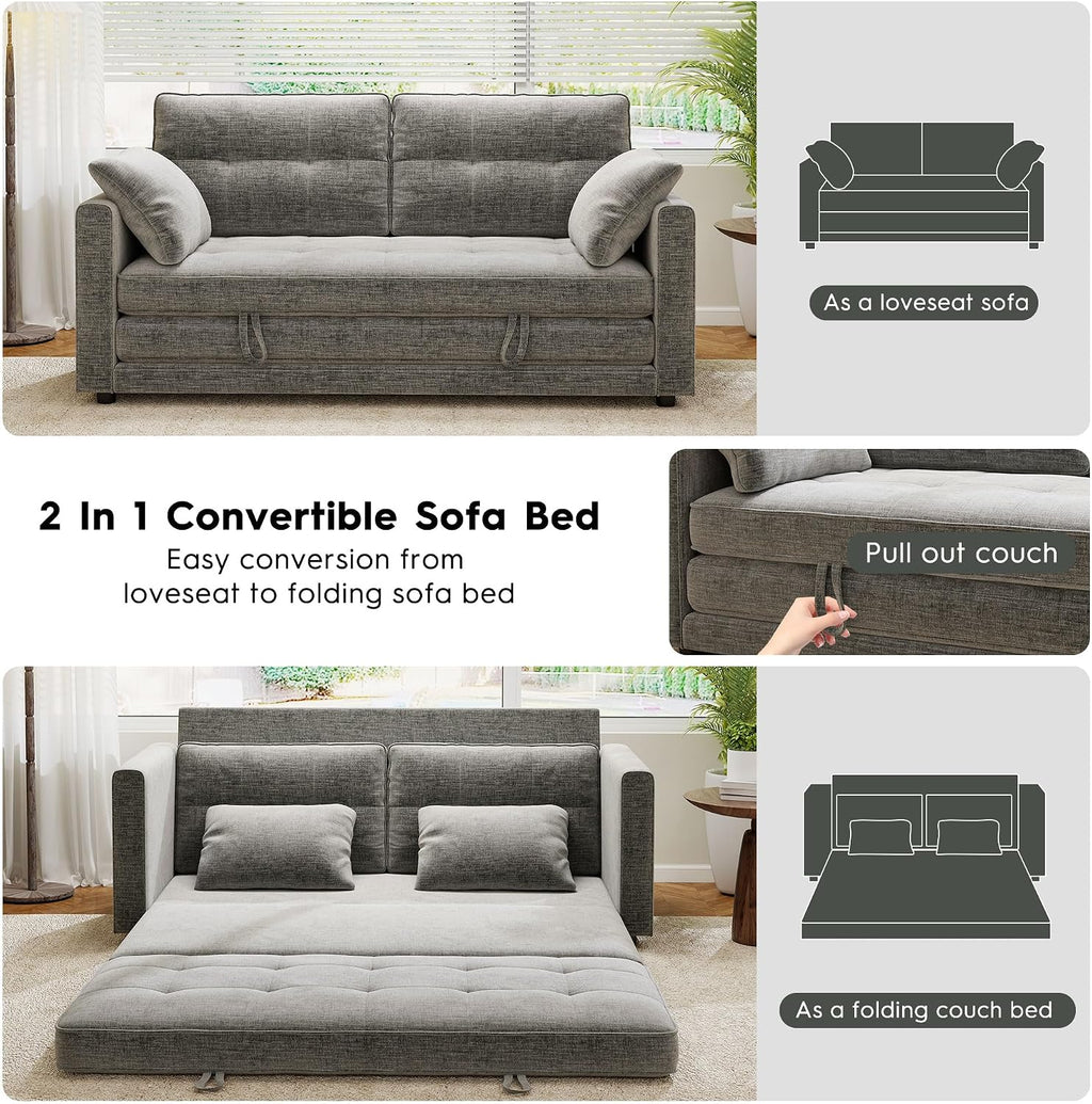 Urhanherry 65' Convertible Folding Sofa Bed, Pull Out Couch Love Seat Sleeper Bed, Small Fold Out Loveseat Sleeper with Removable Arm Pillow for Small Space, Bedroom Lounge, Office, Living Room(Grey)
