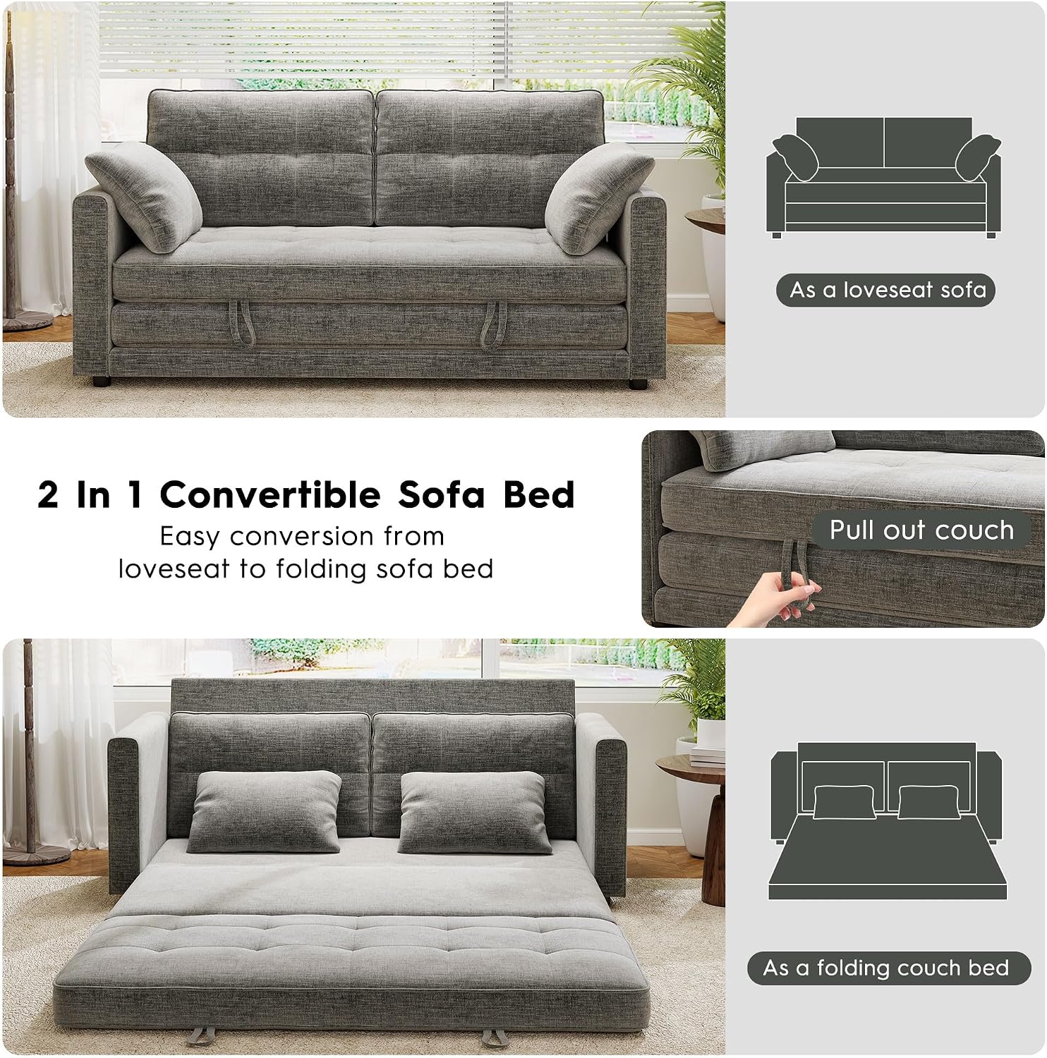Urhanherry 65' Convertible Folding Sofa Bed, Pull Out Couch Love Seat Sleeper Bed, Small Fold Out Loveseat Sleeper with Removable Arm Pillow for Small Space, Bedroom Lounge, Office, Living Room(Grey)