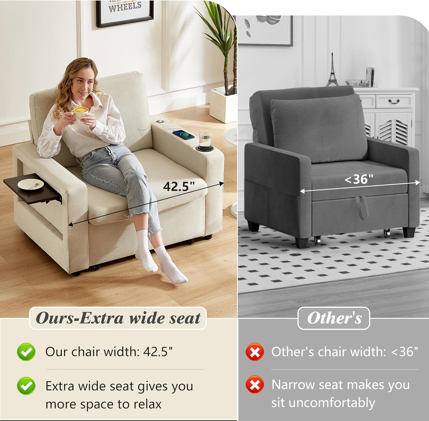 WEUP 42.5' Sleeper Chair Bed, 3-in-1 Convertible Reclining Sofa Chair with Pull Out Couch Bed, Adjustable Backrest, Side Pockets, Cup Holder, USB Ports & Wing Table, Premium Beige