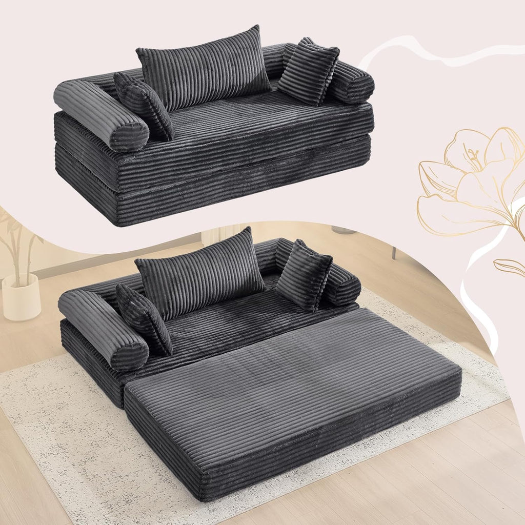 VINGLI Convertible Futon Sofa Bed, Upholstered Corduroy Boneless Couch King Size Floor Loveseat Sleeper Sofa with 2-in-1 Throw Pillow & Blanket Couches for Living Room, Bedroom, Lounge, Dark Gray